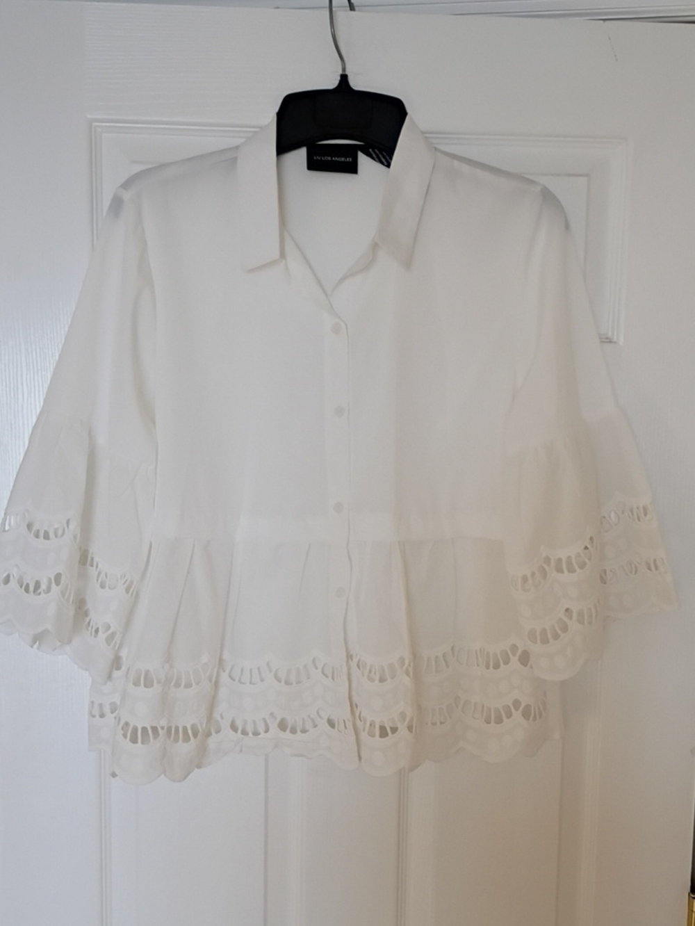 Liv Los Angeles White Eyelet Peplum Button-Down Blouse, L